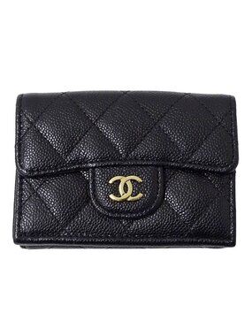 Chanel Wallet Quilted Trifold Caviar Leather Black Gold Mini Small